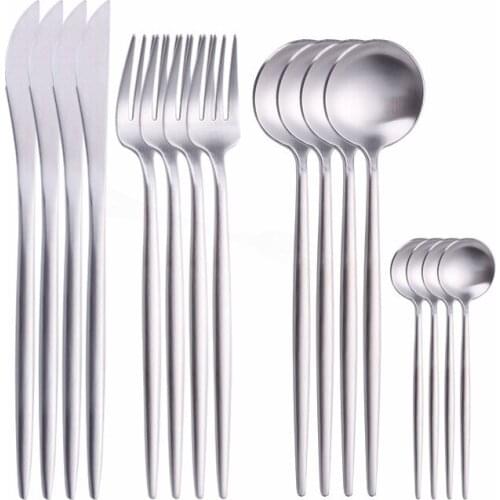 16Pcs Matte Stainless Steel Cutlery Set Knifes Forks Spoons Kitchen Tableware Set Silver Dinnerware Knife Fork Spoon Dinner Set