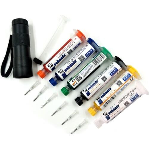 6pcs 6 Color UV Curable Solder + Needles+UV lamp Mask 10CC For PCB BGA Circuit Board Protect Soldering Paste Welding Fluxes Oil