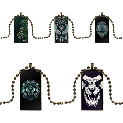 Abstract Cool Digital Angry Lion Head Glass Cabochon Pendant Necklace Rectangle Fashion Necklace For Women Party