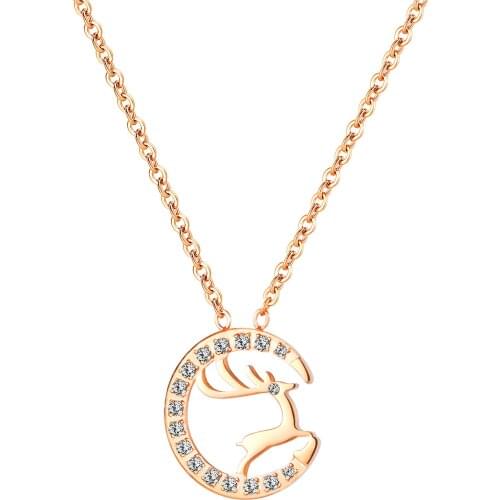MIQIAO Stainless Steel Titanium Luxury Crystal Zircon Round Deer Moon Pendant Collar Chains Necklaces for Women Wedding Jewelry