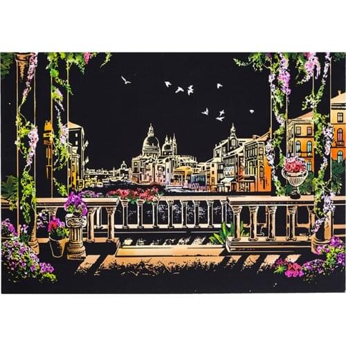 Kids Toys 40.5*28.5cm Venice City Night Scene DIY Scratch Painting Scraping Art Painting Drawing Paper+Draw Stick Brush Frame