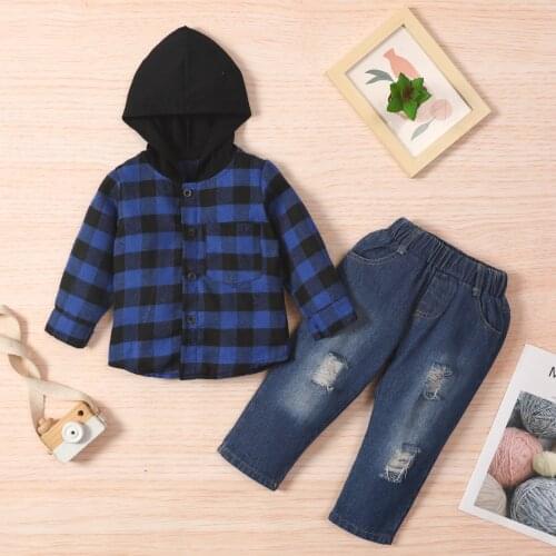 6M-5T Infant Kids Baby Boys 2Pcs Clothes Set Long Sleeve Hooded Plaid Coat Ripped Denim Pants Spring Autumn Outfits