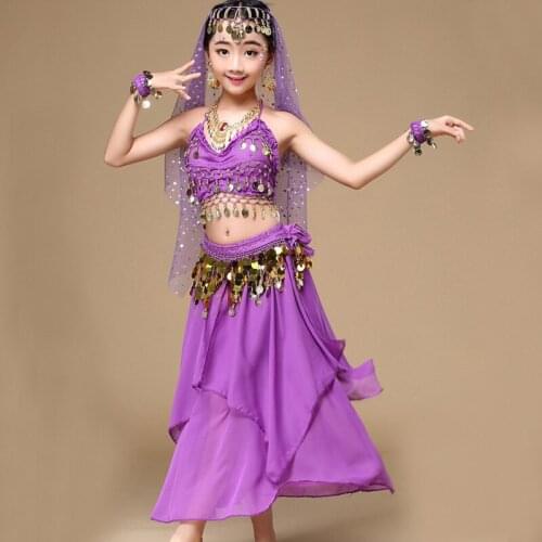 New Style Kids Belly Dance Indian Dance Costume Set Sari Bollywood Children Outfit Chiffon Belly Dance Performance Clothes Sets