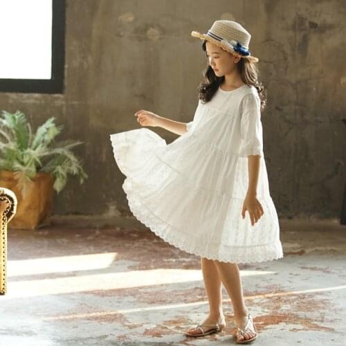 Big Girls Summer Loose Dresses White Lace Cotton Dress Party Wedding Celebration Clothes for 10 12 13 14 years old