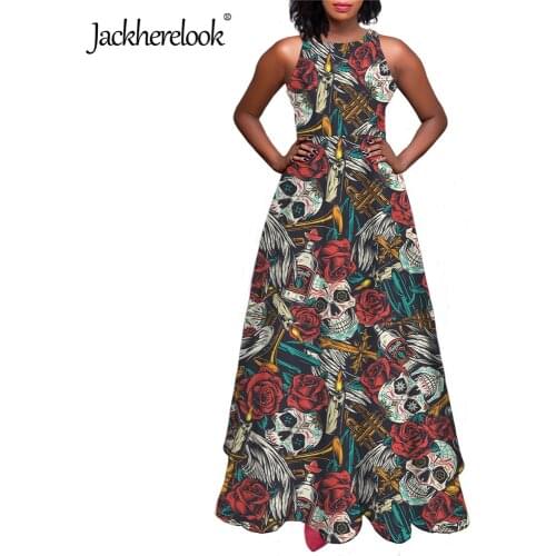 Jackherelook Elegant Long Party Dress for Girls Rose Sugar Skull Gothic Clothes Harajuku Women Sleeveless Maxi Dresses Vestidos