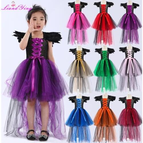 Purple Black Children Costume Girls Dark Witch Halloween Fancy Tutu Dress Evening Party Carnival Ball Gowns