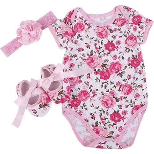 Hot Sale 50% Cute Infant Baby Girl Toddler Floral Flower Print Romper Shoes Headband Outfit