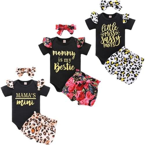 2021-03-25 Lioraitiin 3Pcs Set 0-24M Infant Baby Girls Clothes Short Sleeve Romper+Leopard/Floral Print Shorts+Bow-knot Headband