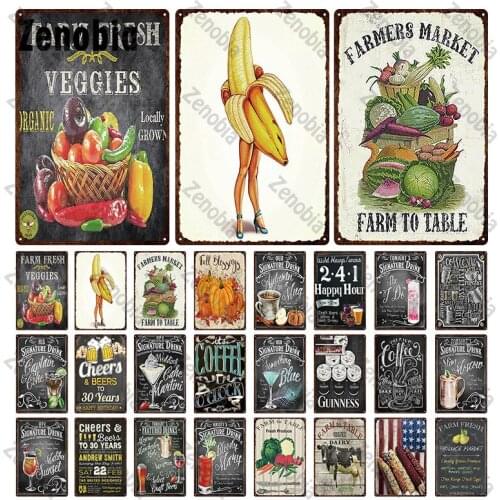 Metal Sign Bar Wall Decor Farmers Market Vegetable Vintage Plaques Signature Drink Menu Wall Sticker Decorative Plate Retro Sign