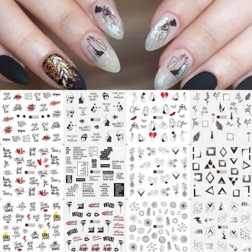 12pcs Black Flower Nail Sticker Russian Letter Transfer Water Slider Sexy Girl Leaf Nail Wraps Manicure Decoration SAA1561-1572