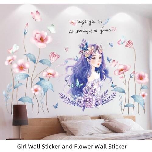[shijuekongjian] Girl Butterflies Wall Stickers DIY Flower Plants Mural Decals for Baby Room Kids Bedroom House Decoration