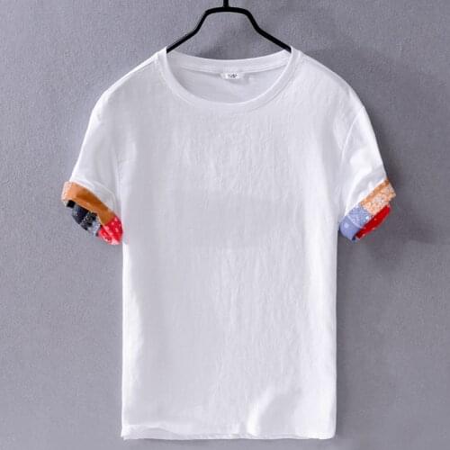 2019 Mens casual linen short-sleeved t shirt white loose trend men t-shirt brand round neck t shirts for men tops chemise camisa