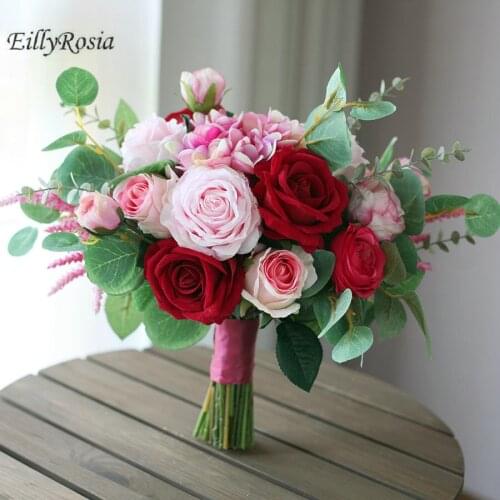 New Arrival European Wedding Bouquet Bride Irregular Red Pink Hydrangea Rose Simulation Bride Photography Holding Flower Round