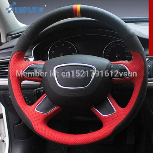 For Audi A6l 2014 High Quality Hand-stitched Anti-Slip Black Red Leather Black Suede Red Thread DIY Steering Wheel Cover