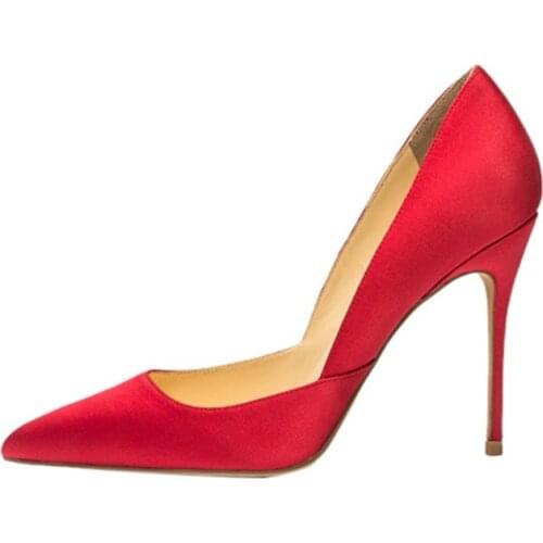 Luxury Red Wedding High Heels Shoes Thin Satin Female Pumps Sexy Pointed Toe Spring Elegant Pump Women Shoes C045A