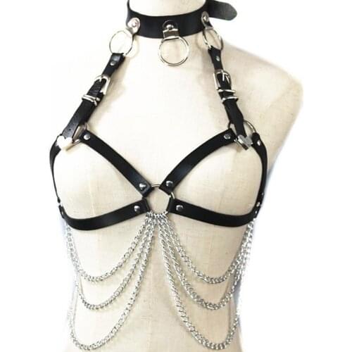 Sexy Goth Chain Body Bra Harness Top Straps Women Leather Link Metal Chain Belt Chest Punk Body Bondage Lingerie Cage Bra Belt