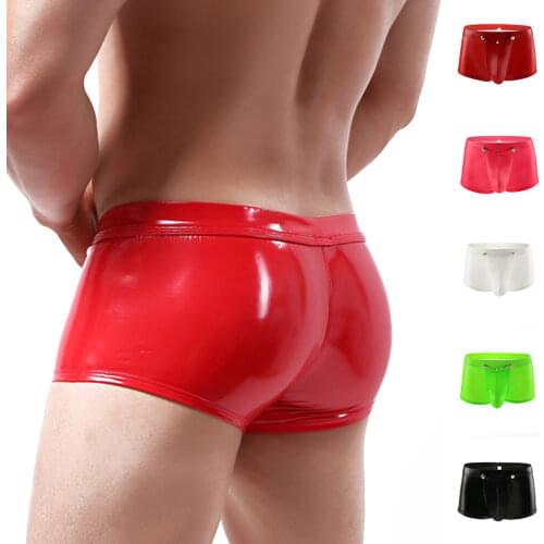 Men Sexy Faux leather Underwear Boxer Big Pouch Lingerie Front Button Open Crotch Shorts Underpants Male Panties