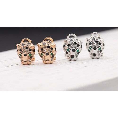 Leopard Head Studs Earring Crystal Stones Gold Color Skeleton Drop Animal Shaped Earrings Hiphop Fashion Women Jewelry Girl