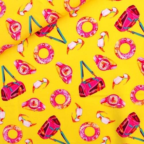 Printed Cotton Poplin Fabric, Watches, bracelets, glasses and bags on Yellow, clothing,bedding,hadmaking, 100cmx140cm