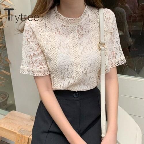 Trytree 2020 Summer Woman Casual Blouse Stand Collar Solid Lace Hollow Out Ruffles Blouse All-Purpose Style Elegant Blouse Tops