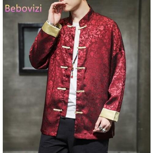 Plus Size M-5XL Loose Autumn Red Black Ice Silk Fabric Tang Suit Traditional Chinese Style Men Tops Jacket New Year Clothing