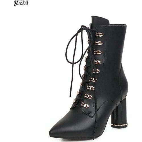 Autumn winter Genuine leather women boots Crystal high-heeled Lace-up fashion boots Cow leather boots Womens shoes Size 34-43