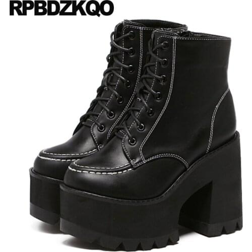 Shoes Lace Up Women Ankle High Heel Black Fetish Designer Round Toe Chunky Gothic Platform Boots Punk New Extreme Short 2021