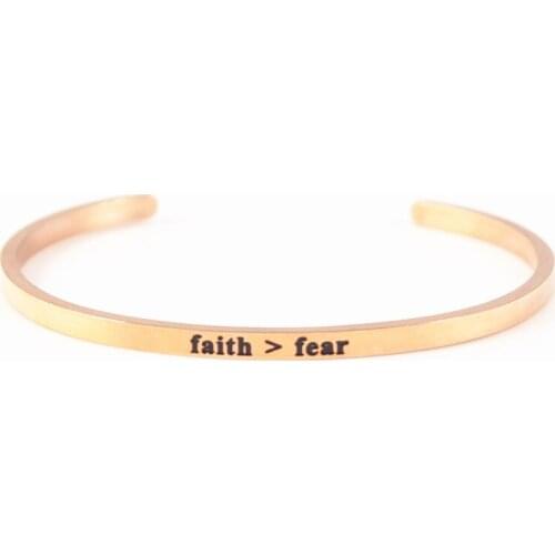 2 Colors Delicate Cuff Bangle FAITH FEAR Inspirational Bangle Stainless Steel Open Cuff Mantra Bracelets for Women