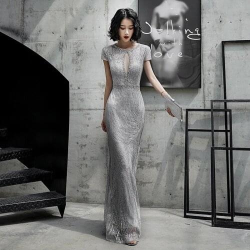 Women Gray O-Neck Short Sleeve Long Mermaid Party Gown Sexy Beading Formal Evening Dresses Vestido Soiree