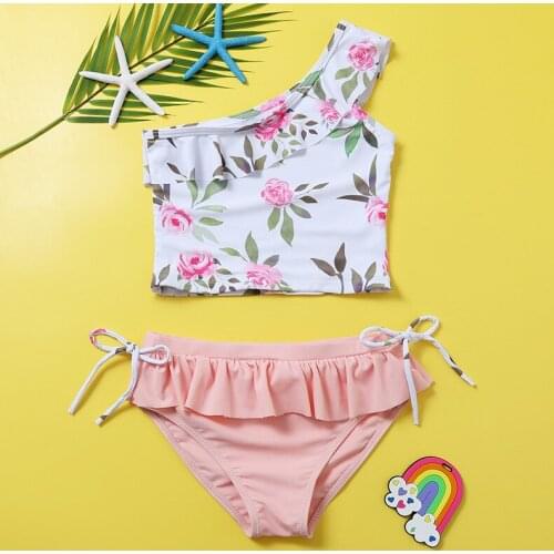 2021 New Swimsuit Two Piece Big Girl One-shoulder Ruffled Split Bikini Kids Swimsuit For7-14years Swimwear Small Floral TB021