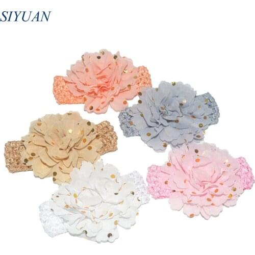 3pcs/lot Eco-friendly Elastic Crochet Headband with 10cm Polka Dot Chiffon Flower Girl Baptism Headwear FD250