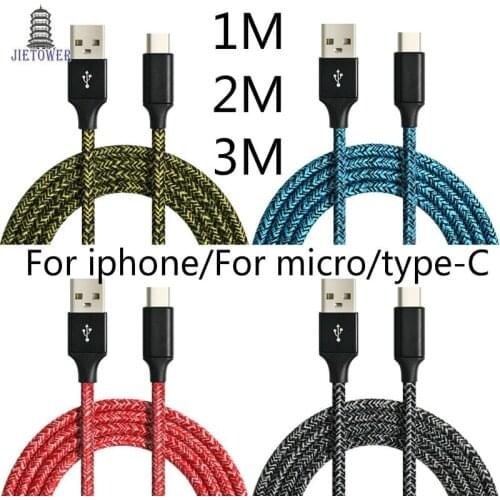 300pcs/lot 2M 3M 1M long Micro fabric braided nylon cloth usb cable for samsung htc for iphone 5 6 7 8 9 typeC usb c wholesale