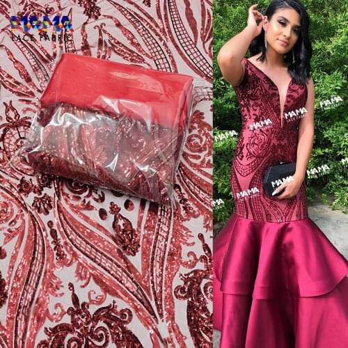 5 Yards Bright Red Sequins Net Lace Guinea Embroidered Gambia Sequined Tulle Mesh Fabrics For Bride Wedding Party Dress Material