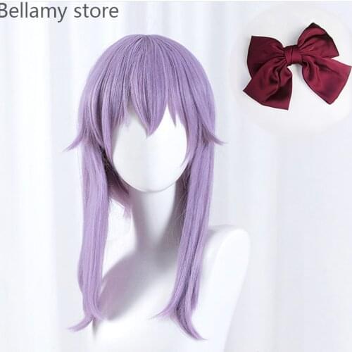 Anime Seraph of the end Hiiragi Shinoa Light Purple Heat Resistant Cosplay Costume hairwear Wig+Wig Cap + Bowknot Hairpin