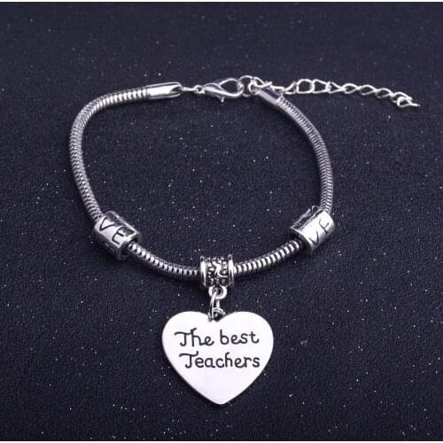 Bespmosp 12PC/Lot Trendy Bracelets Bangles "The Best Teachers"Heart Pendant Love Beads Antique Charm Jewelry Teachers Day Gifts