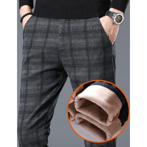 Winter Fleece Pants Me High Quality Business Casual Plaid Slim Cotton Long Trousers Male Black Gray Thick Pant Big Size 28-40