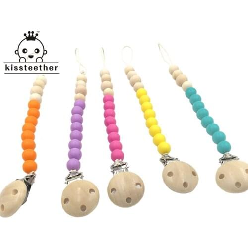 5pcs Food Grade Silicone Teething Stone Dummy Baby Pacifier Clip Natural Wood Beads Mom Nursing Waldorf Baby Teether
