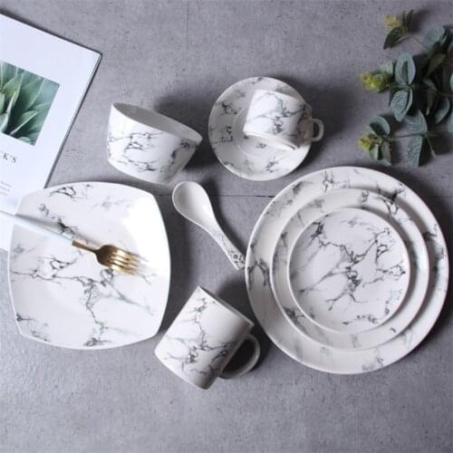 European Ceramic Marble Pattern Dish Dinner Plate Tea Milk Cup Simple Coffee Mug Rice Soup Bowl Steak Dish Kitchen Dinnerware