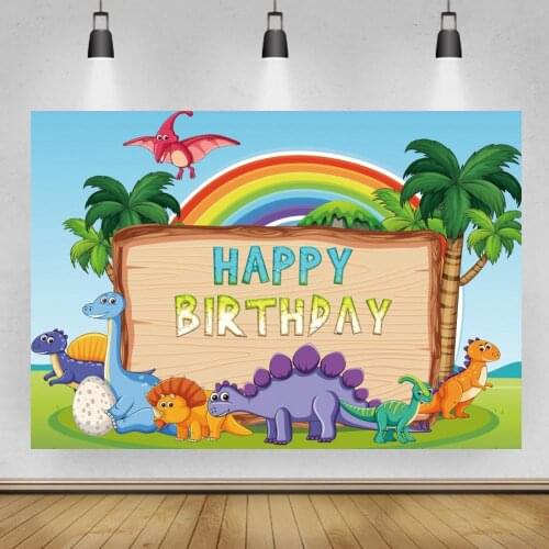 Dinosaur Photography Backdrop Safari Jungle Forest Rainbow Happy Birthday Party Animal Cartoon Kid Photo Background Banner Decor