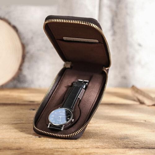Retro Crazy Horse Leather Watch Storage Box Single Pack Portable Zipper Watch Holster Travel Business Trip Protection Watch Box