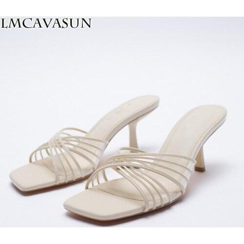 LMCAVASUN Summer new style womens shoes Nude Square head Temperament high heel sandals