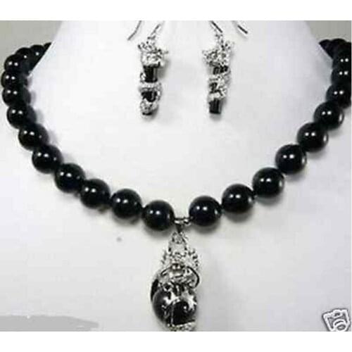 Fashion beautiful 10mm black jade dragon earring pendant Necklace set Fashion Wedding Party Jewellery