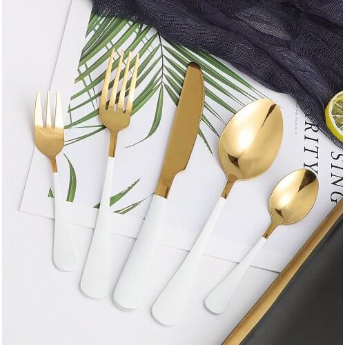 5Pcs White Gold Stainless Steel Cutlery Tableware Set Kitchen Dinnerware Dinner Flatware Set Forks Knives Spoons Set Silverware