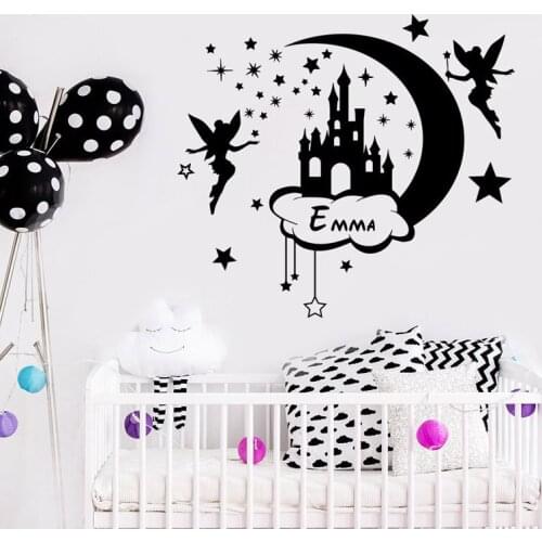 Custom Name Wall Decal Castle Fairy Moon And Star Vinyl Sticker Home Decor Baby Girls Room Nursery Decoration Cartoon Mural NR39
