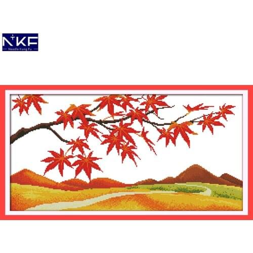 NKF Golden Maple Scene Stamped Cross Stitch Pattern DIY Kit Needlework Embroidery Sets Chinese Cross Stitch for Home Decor