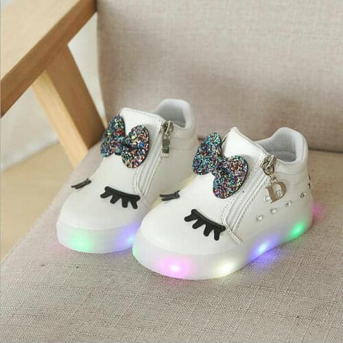 Autum Kids Glowing Sneakers Baby Girls Bow Zip Crystal LED Light Children Luminous Shoes Running Sport Shoes Little White