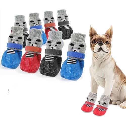 4pcs Anti-Slip Knit Dog Socks Puppy Boots with Rubber Reinforcement Pet Cat Dog Paw Protector Shoes for Small Medium Large Dogs