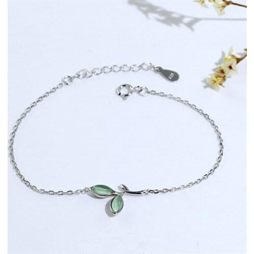 Adjustable Link Chain Opal Green Leaf Charm Pendent 925 Sterling Silver Bracelet &Bangle For Women eh265