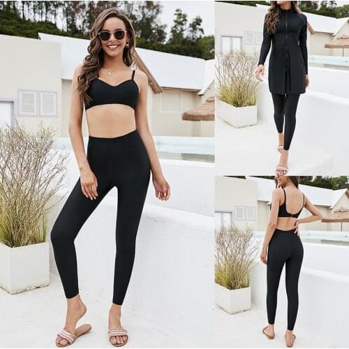 Modest Muslim Black Swimwear For Women Patchwork Hijab Long Sleeves Sport Swimsuit 3pcs Islamic Abaya Burkinis Wear Bathing Suit