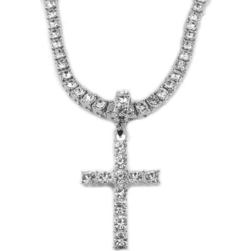 Shiny White Crystals Cross Pendant Necklace Holy Crystals Cross Pendant with Rhinstone Chain Unisex Fashion Jewelry